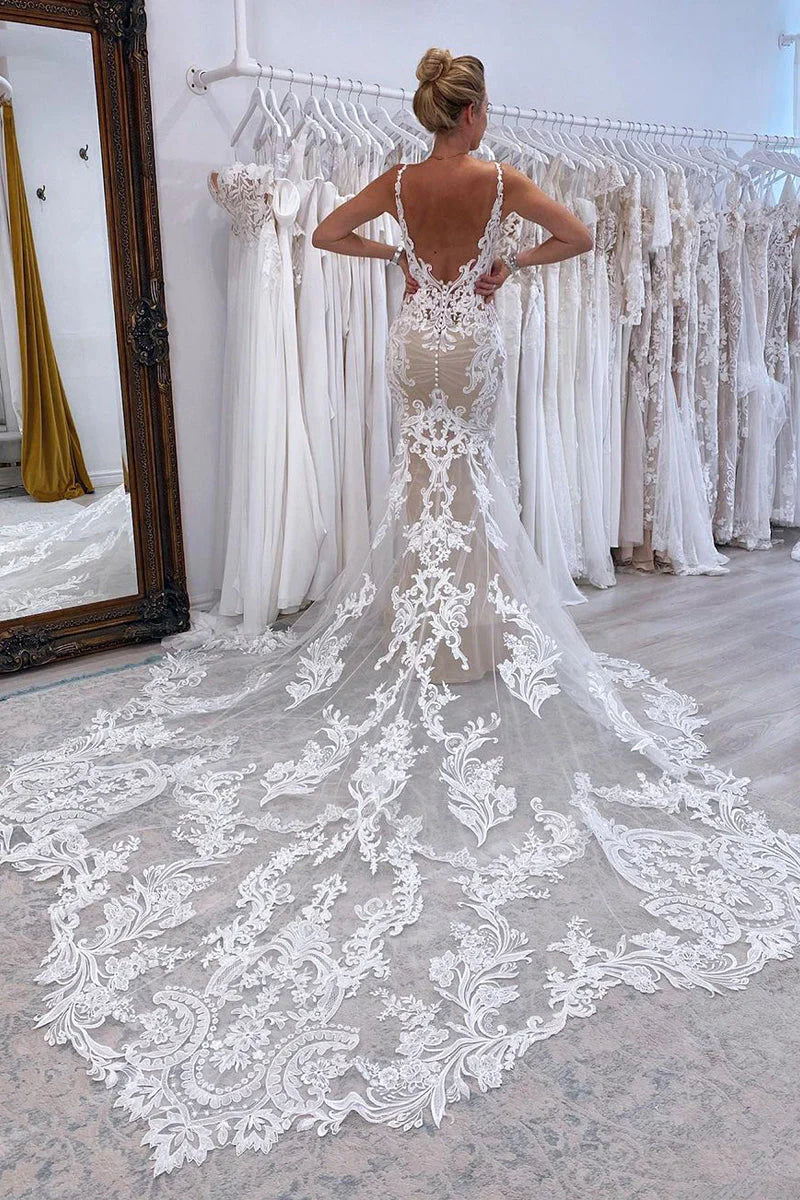 Wedding Dresses Mermaid V Neck Tulle Lace with Train