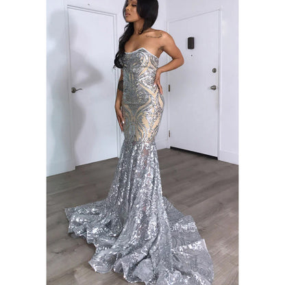 Strapless Beaded Sequins Sheer Tulle Mermaid Long Prom Evening Dress