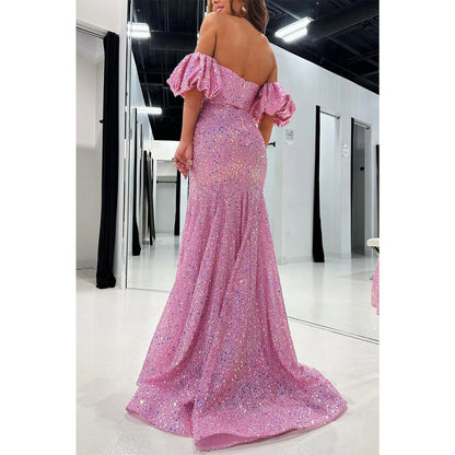 Glitter Off-shoulder Puff Sleeves Beaded with Side Slit Party Prom Evening Dress