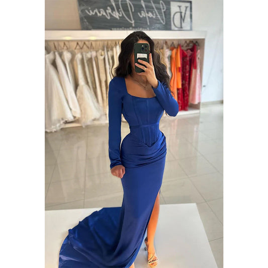 Sheath/column Square Pleats Long Sleeves Blue Prom Dress Party Dress