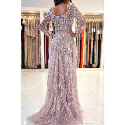 Glamorous Dramatic Square Long Sleeves Sparkly Mermaid Formal Party Prom Dress with Feathe