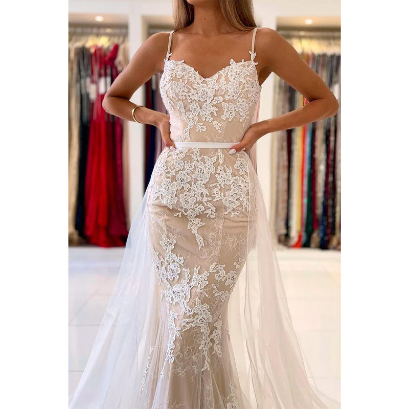 Spaghetti Straps Lace Appliques Mermiad Formal Evening Dress