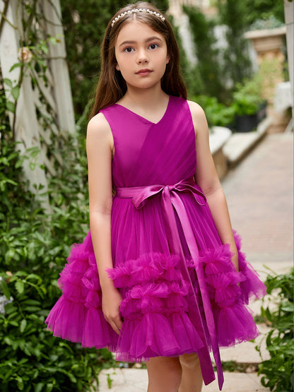 Fuchsia Princess Sleeveless Tulle Flower Girl Dress with Ruffles  (010225236)