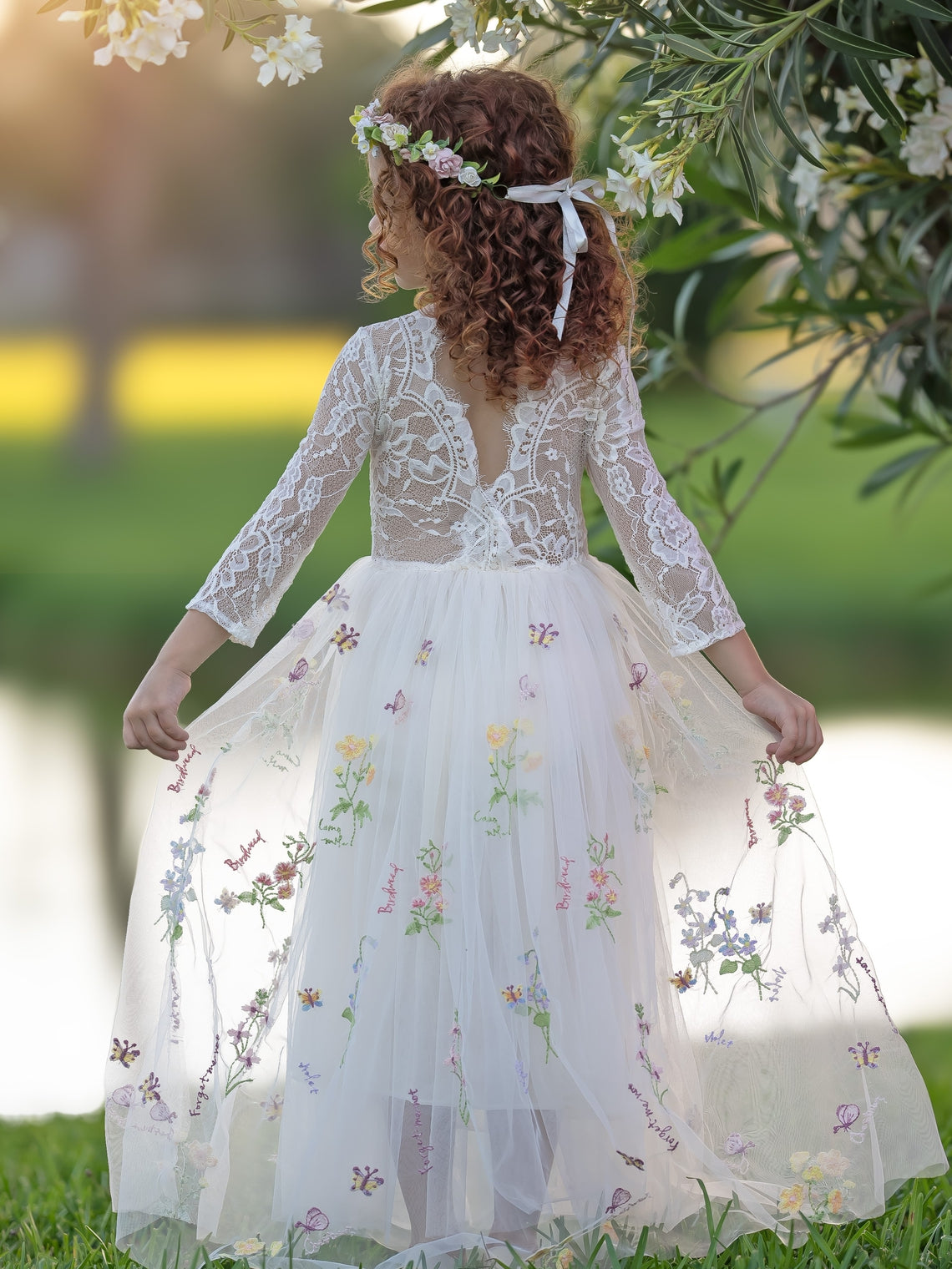 Floral Lace Embroidered Tulle A-Line Full-Length Garden Flower Girl Dress