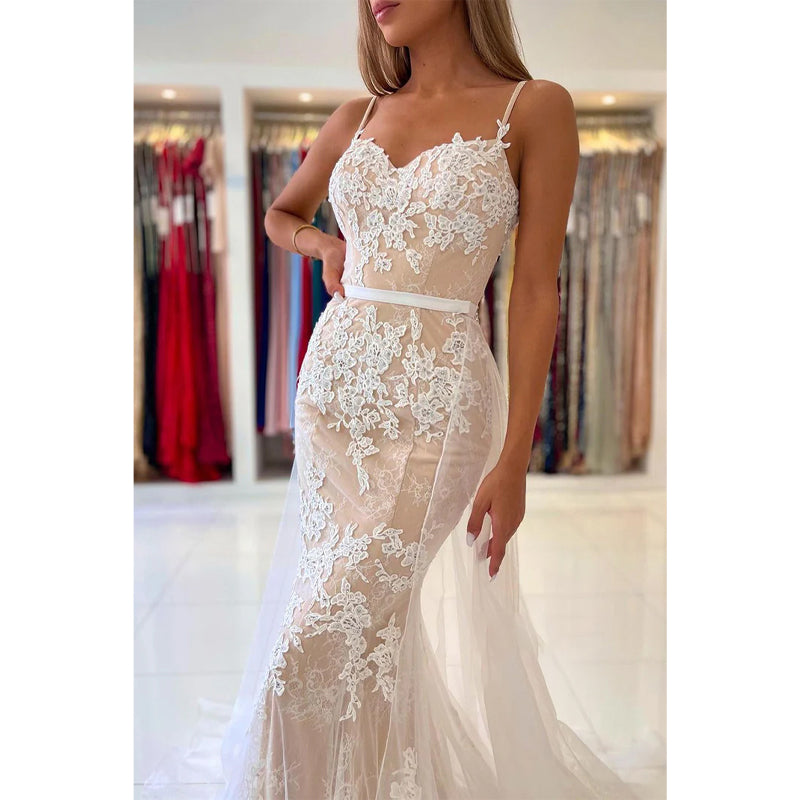 Spaghetti Straps Lace Appliques Mermiad Formal Evening Dress