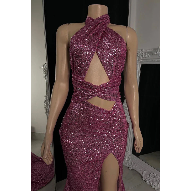 Trumpet/Mermaid Sexy Halter Sleeveless Slit Sequins Backless Evening Prom Dress