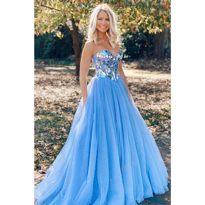 Sky Blue Tulle Beads A-line Senior Prom Dress