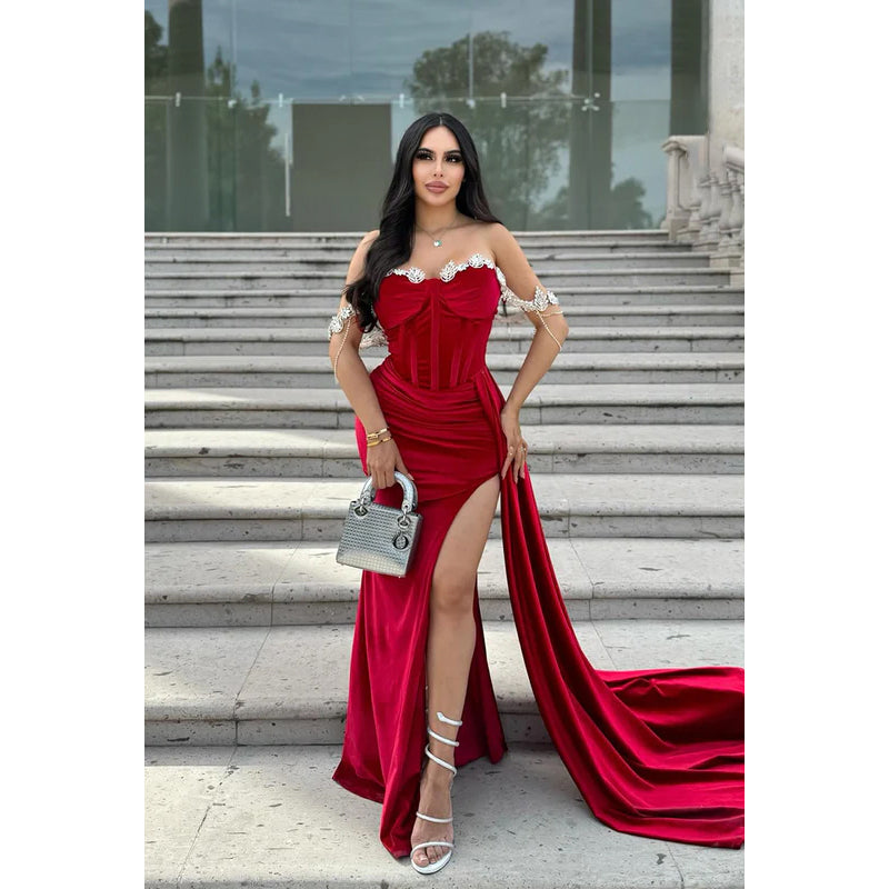 Elegant & Luxurious Off-Shoulder Rhinestones Cap Sleeves Ruched Slit Sheath Prom Dress