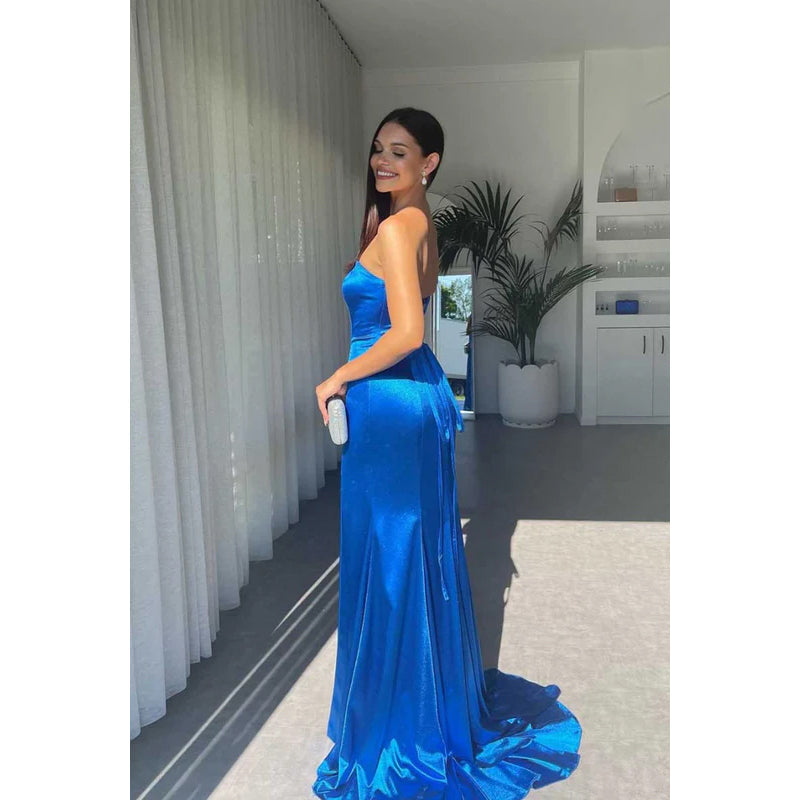 Strapless Royal Blue Lace-Up Sheath Long Prom Evening Dress