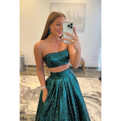 Strapless Sequined A-Line Long Prom Gown