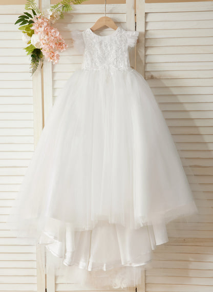 Ivory Princess Ball Gown with Lace Appliques and Tulle Court Train for Girls