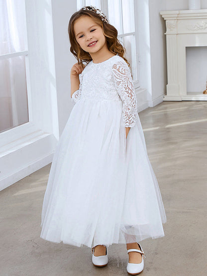 Girls Peony Lace Back A Line Tutu Tulle Party Flower Girl Dress