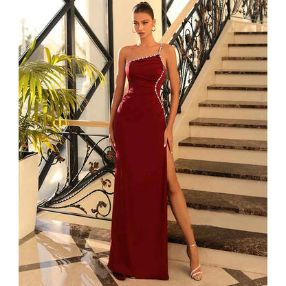 Unique One Shoulder Beads Long Prom Party Dress with Slit