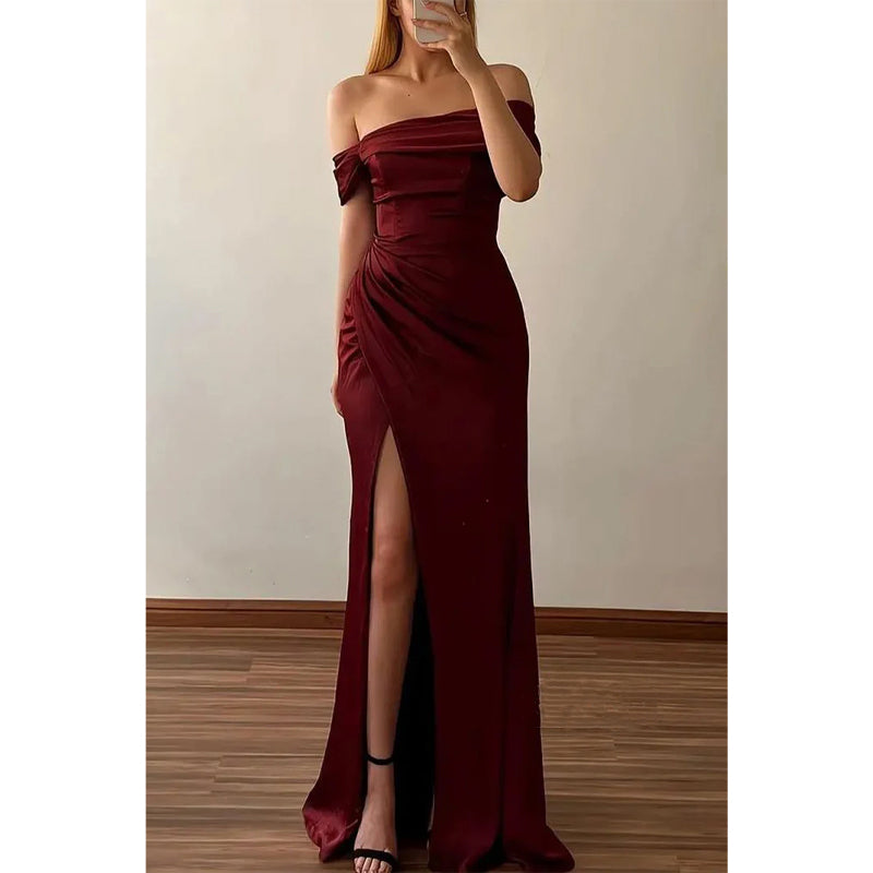 Fitted Off-shoulder Ruched with Side Slit Party Prom Evening Dress