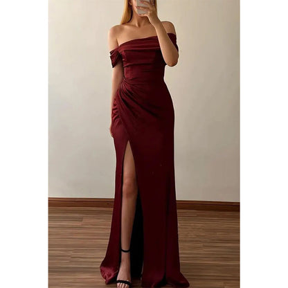 Fitted Off-shoulder Ruched with Side Slit Party Prom Evening Dress