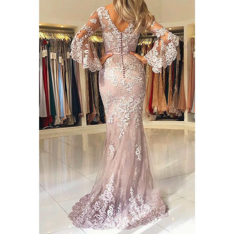 Unique Bat Sleeves Tulle Appliques Mermaid/trumpet Long Formal Evening Dress