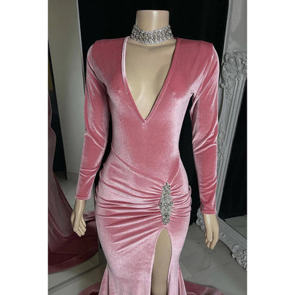 V-Neck Long Sleeves Beaded Sheath Velvet Long Prom Gown With Slit