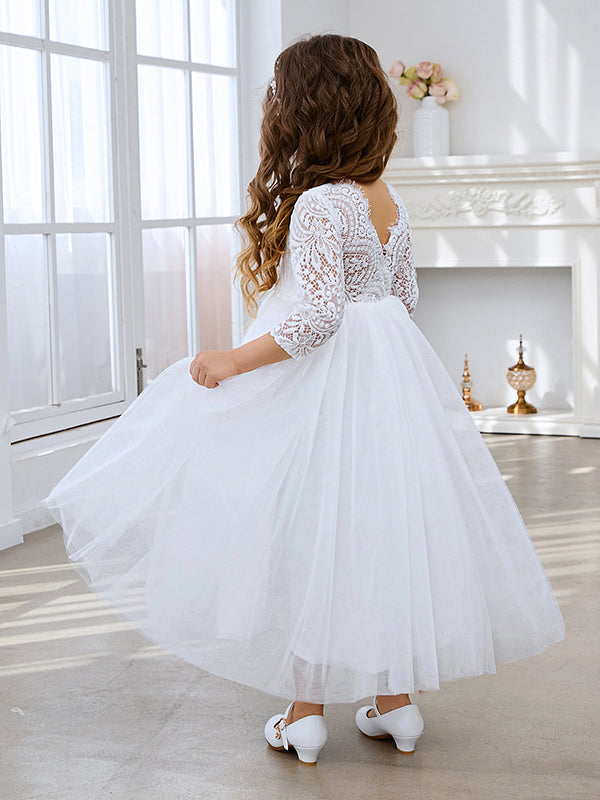 Girls Peony Lace Back A Line Tutu Tulle Party Flower Girl Dress