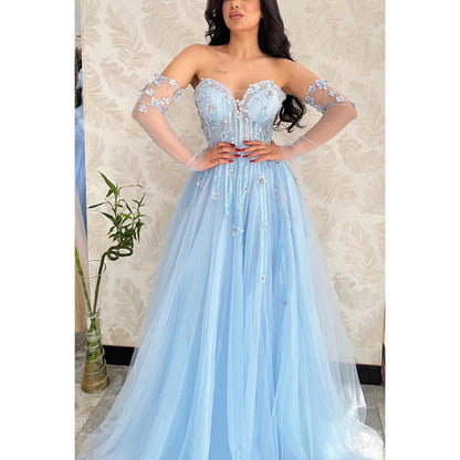 Sweetheart Strapless Appliqued Beaded Tulle A-Line Long Evening Dress