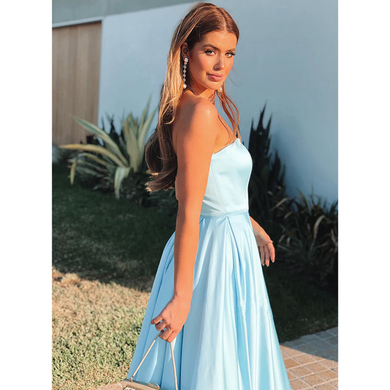 Strapless Sky Blue Satin A-line Long Prom Dress