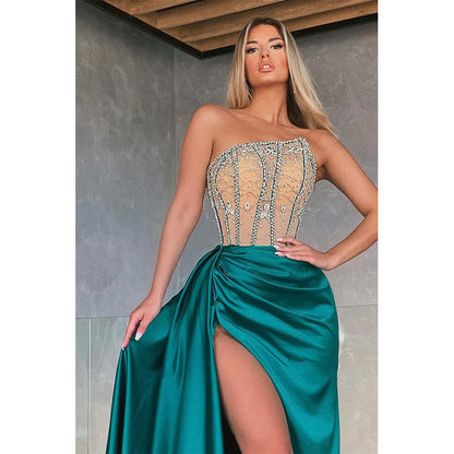 Unique Strapless Beaded Sheer Green Long Prom Dress with Split