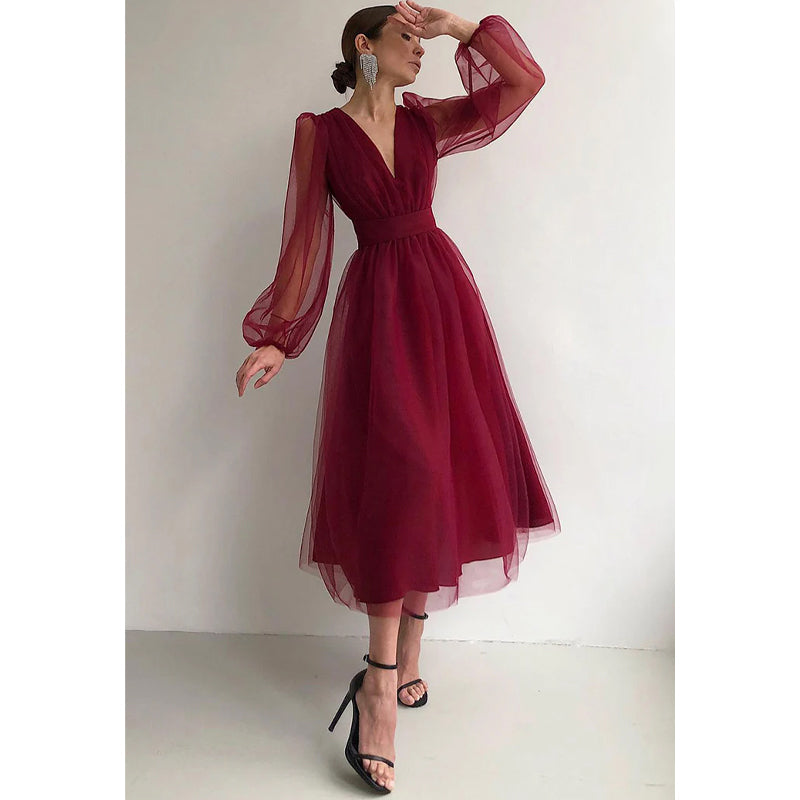 Sexy V-neck Long Sleeves Long Dress Brithday Dress