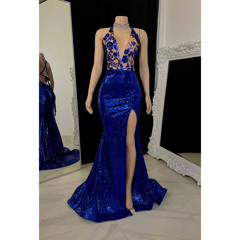 Gorgeous & Charming Mermaid Halter V-Neck Sleeveless Slit Sequins Evening Prom Dress