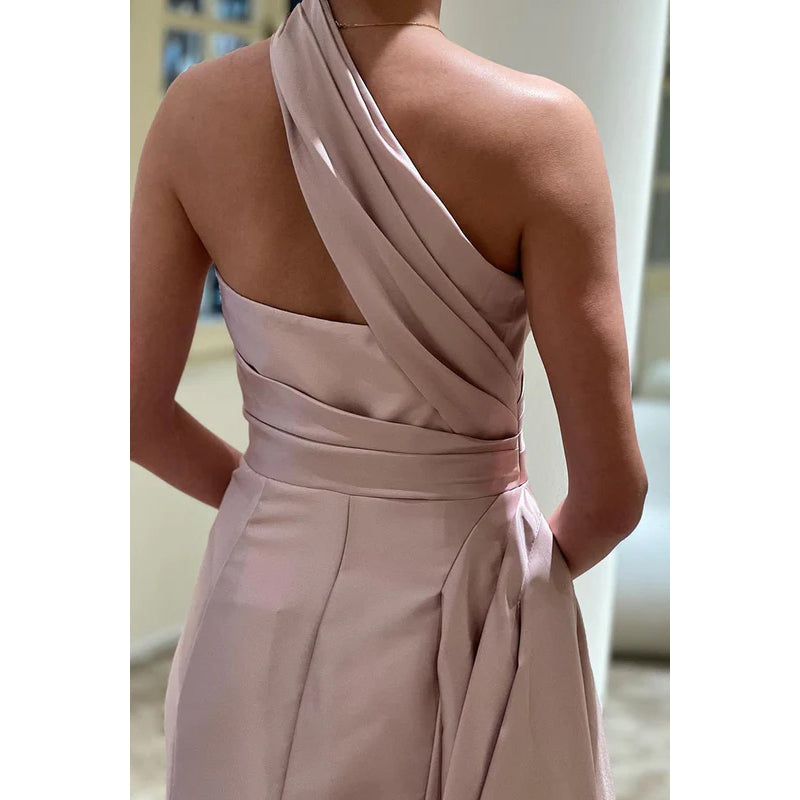 Etui-Linie/Säule One-Shoulder Satin Falten Ärmellos Partykleid