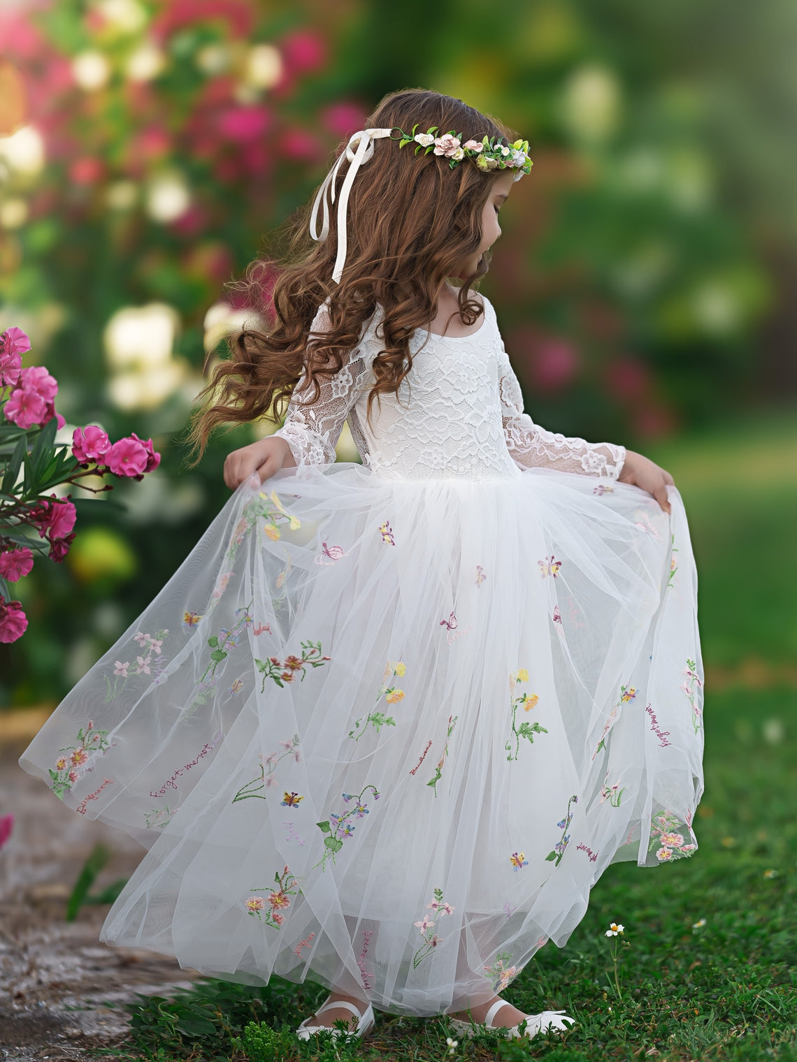 Floral Lace Embroidered Tulle A-Line Floor Length Garden Flower Girl Dress