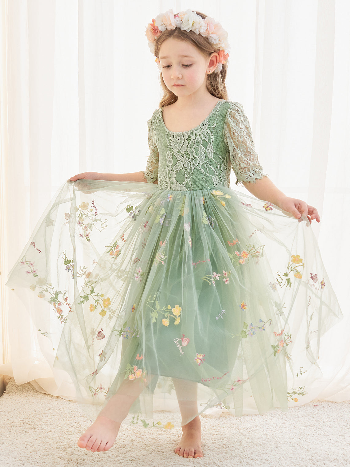 Sage Scoop Neck Cloth Surface and Tulle Flower Girl Dress (2003227581)