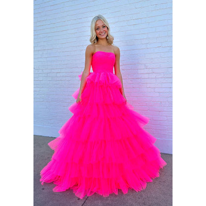 Strapless Hot Pink A-Line Tulle Long Prom Gown