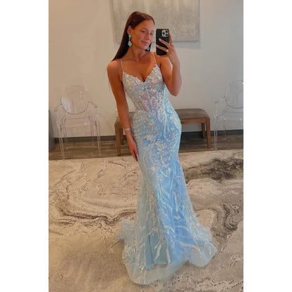 Sexy Hot Sheath V-Neck Straps Fully Floral Sequined Floor-Length Party Gown Prom Dress