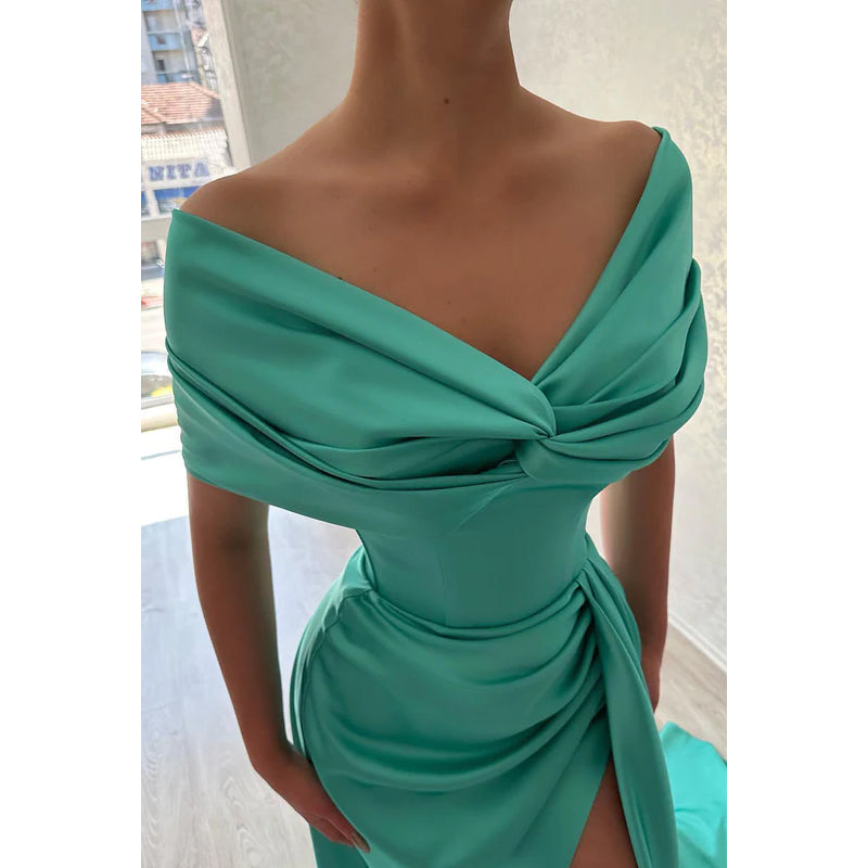 V-Neck Off-Shoulder Sleeveless Ruched Satin Sheath Long Evening Dress