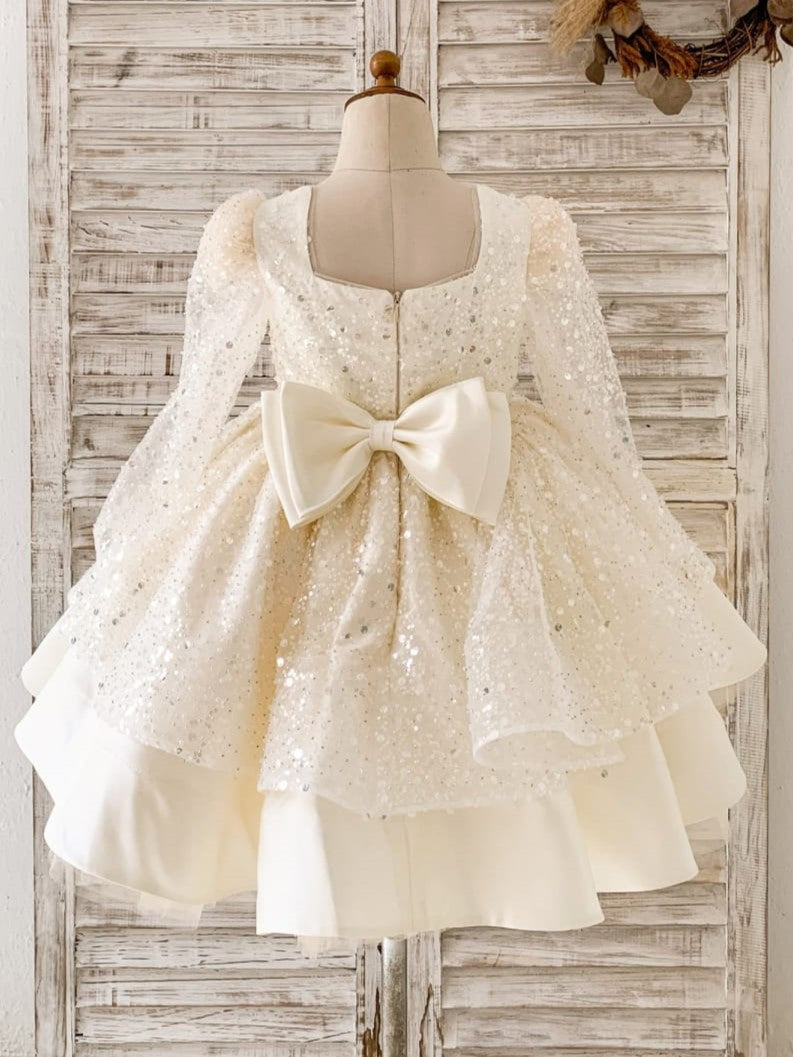 Satin Knee-length Ivory Girl Birthday Dress