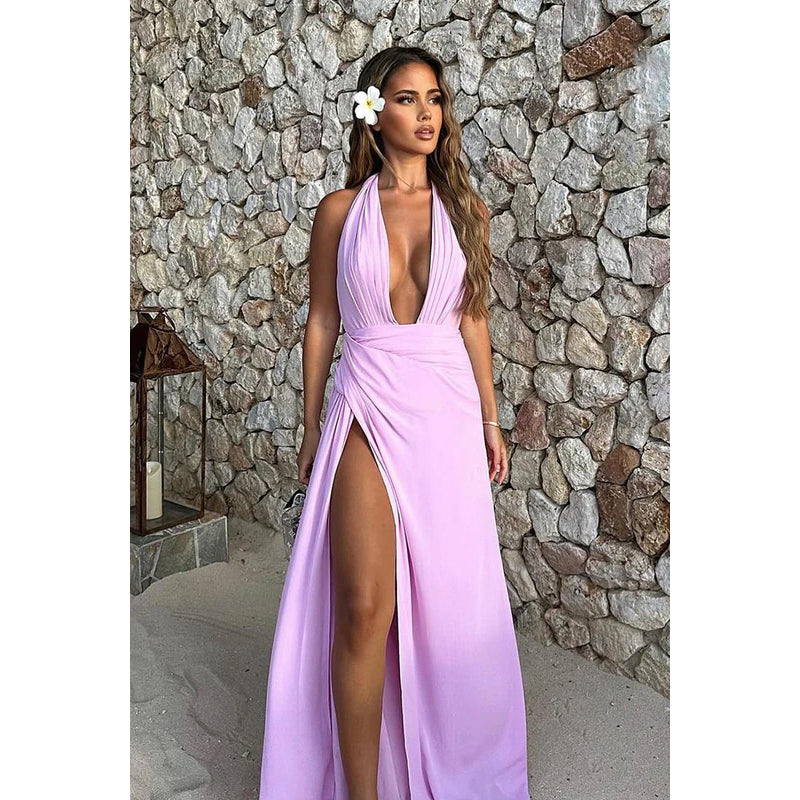 Sexy & Hot Long A-Line Halter V-Neck Sleeveless Side Slit Party Prom Dress