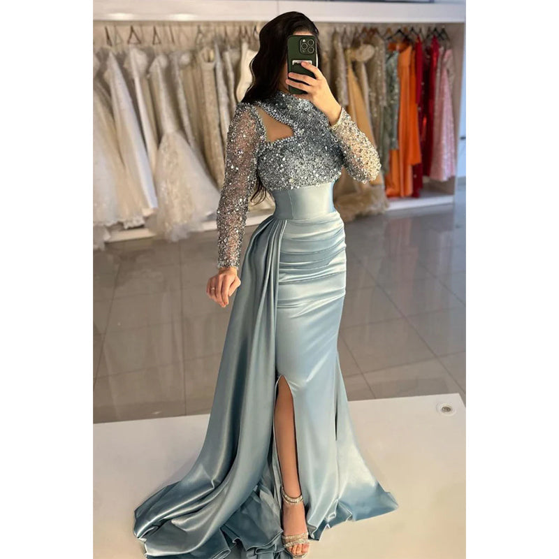 Sheath/column Sequins High Neck Beaded Long Sleeves Prom Evening Gown