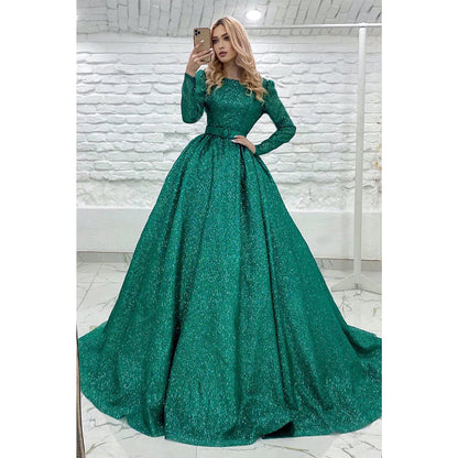 Unique Jewel Long Sleeves Green Prom Dress Glitter