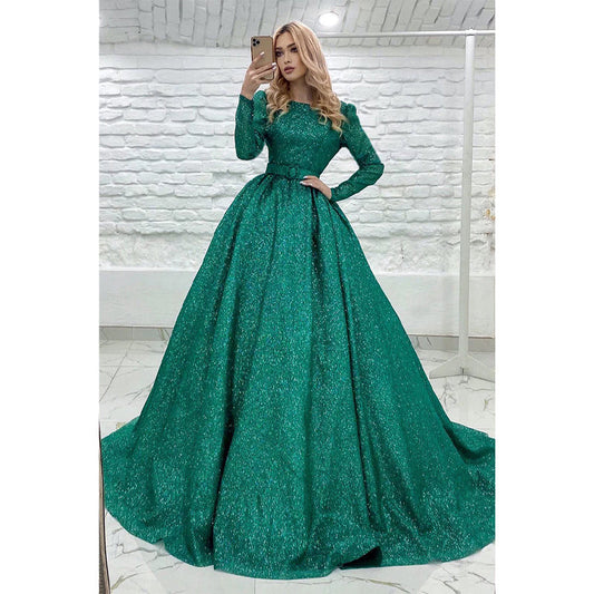 Unique Jewel Lange Ärmel Grünes Ballkleid Glitzer