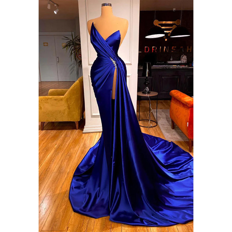 Sexy V-neck Pleats High Split Long Formal Dress Prom Gown