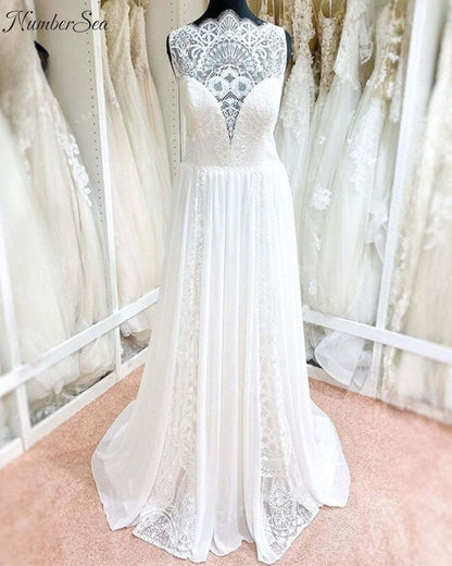 Wedding Gown A Line Scalloped Neck Wedding Dress Lace Chiffon Sleeveless Illusion Bohemian Bridal Gowns robe soirée mariage