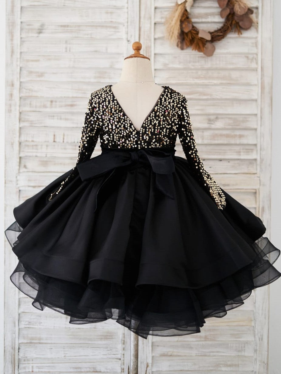 Sequins Knee-length Black Girl Party Dress