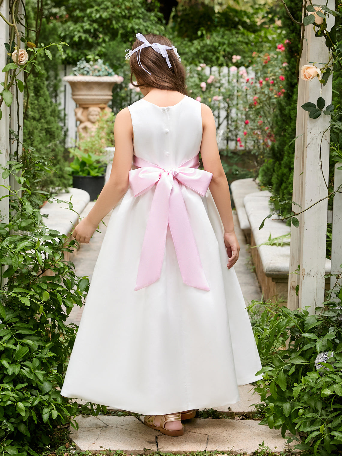 Ivory Satin Flower Girl Ball Gown with Sash Bow | Ankle-Length Tulle Dress (010007314)