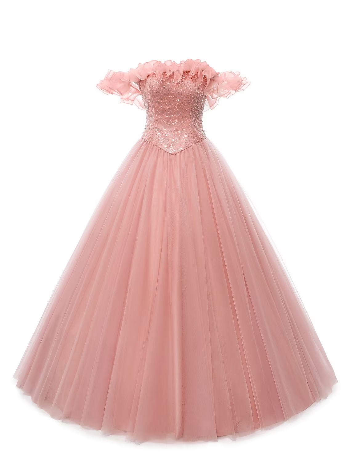 Ballkleid Ballkleider Puffkleid Quinceanera Bodenlang Ärmellos Schulterfrei Tüll mit Perlen Pailletten