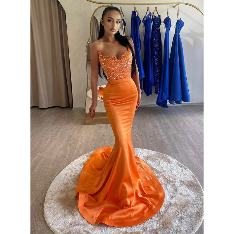 Sexy V-Ausschnitt Orange Meerjungfrau Ballkleid Langes Abendkleid Partykleid 