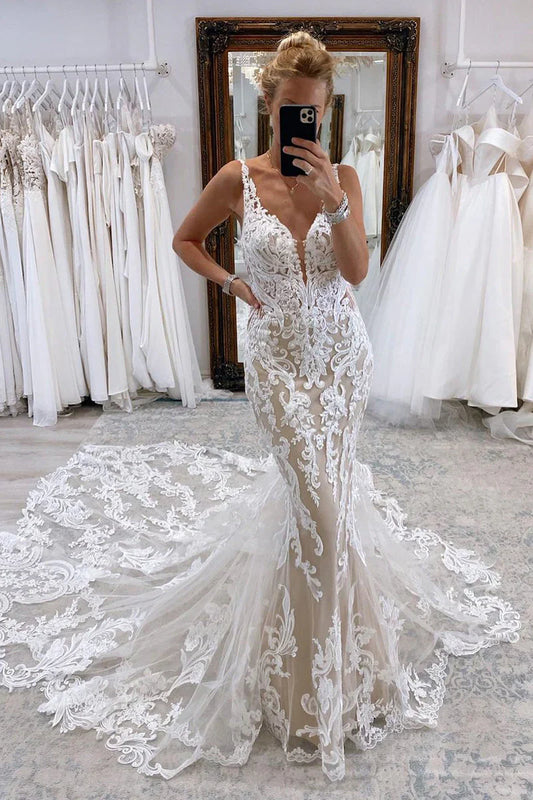 Wedding Dresses Mermaid V Neck Tulle Lace with Train