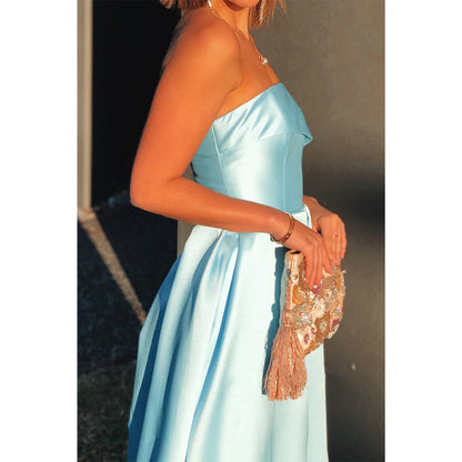 Strapless Light Blue Satin High Split A-line Prom Dress