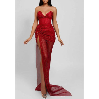 V-neck Strapless Pleats with Side Slit Sheer Party Prom Evening Dress