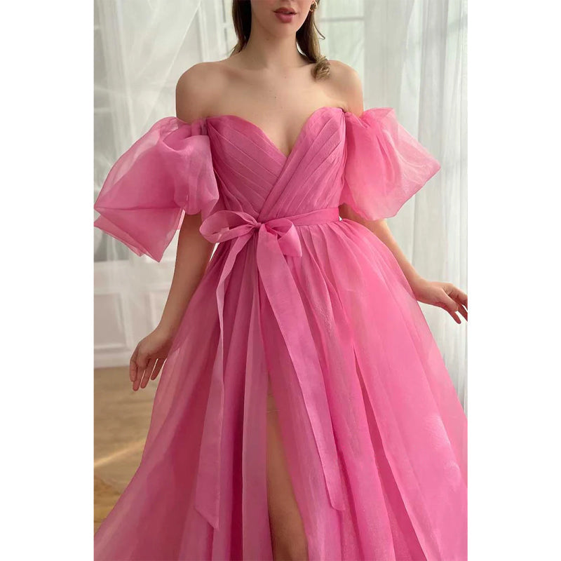 V-neck Puff Sleeves A-line Tulle with Side Slit Party Prom Evening Dress