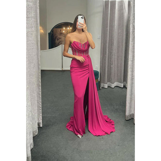 Sheath/Column Sweetheart Satin Beaded Split Prom Evening Formal Dress