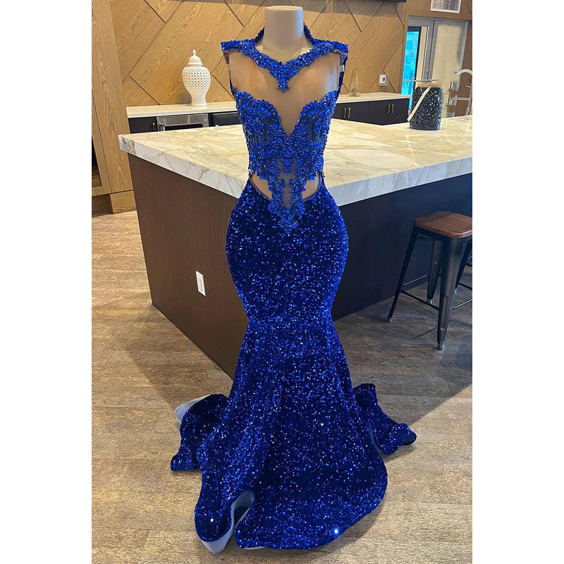 Glamorous & Dramatic V-Neck Sleeveless Sequins Royal Blue Mermaid Evening Prom Dress